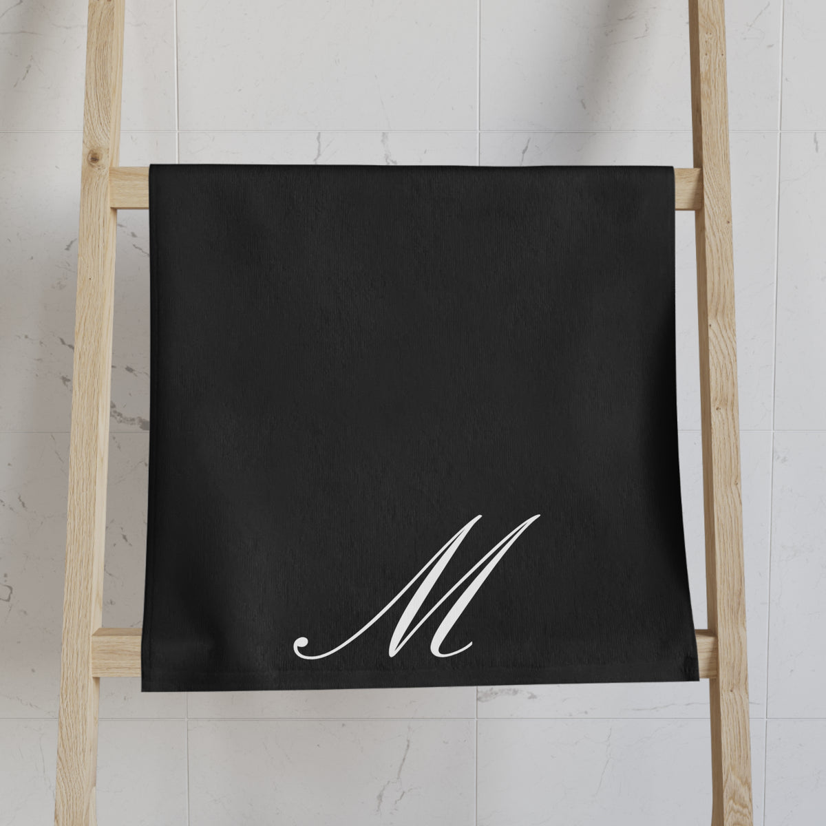 Personalized Monogram Black Hand Towel — Elegant Script Initial Kitchen & Bath Towel