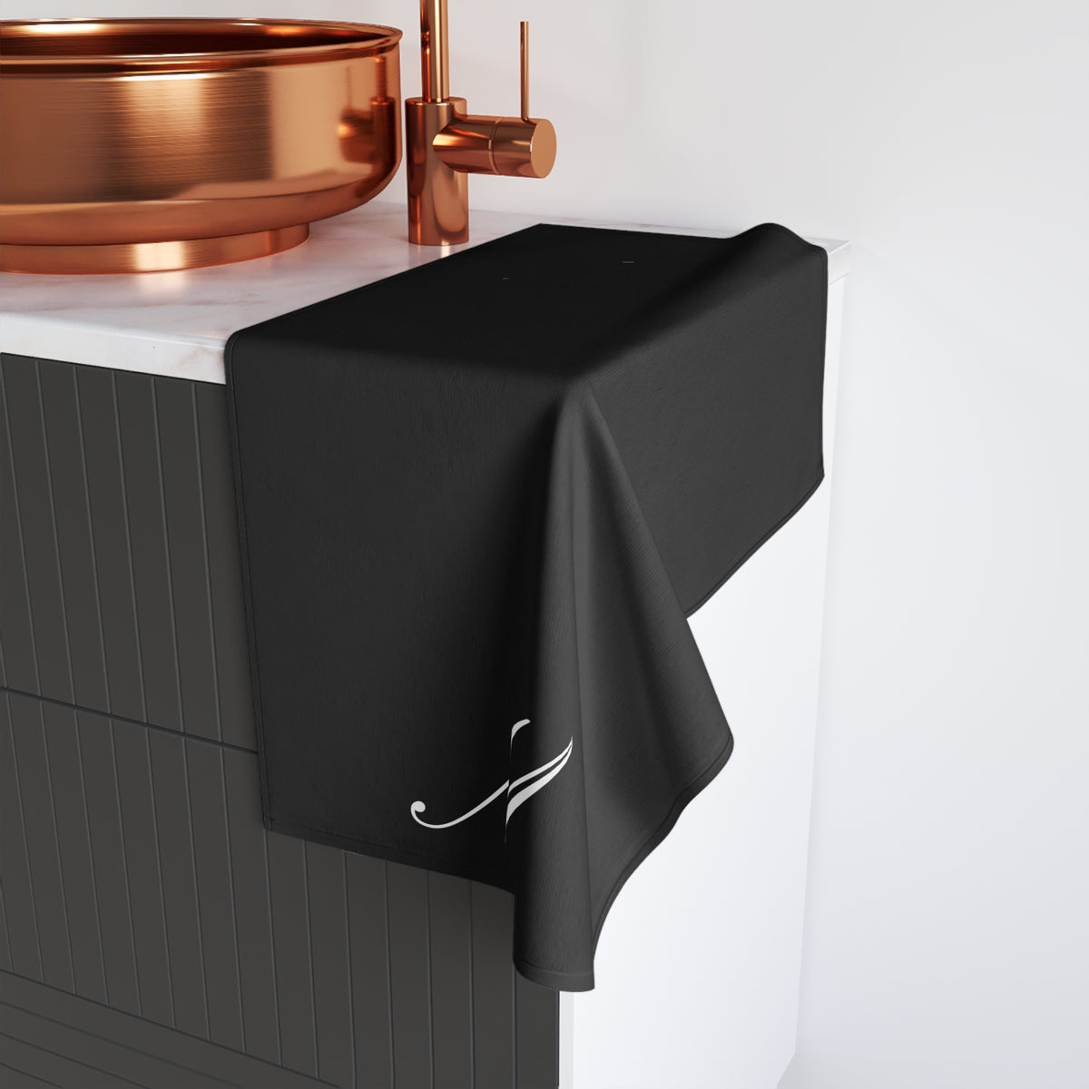 Personalized Monogram Black Hand Towel — Elegant Script Initial Kitchen & Bath Towel