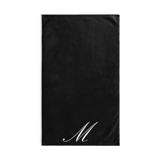 Personalized Monogram Black Hand Towel — Elegant Script Initial Kitchen & Bath Towel